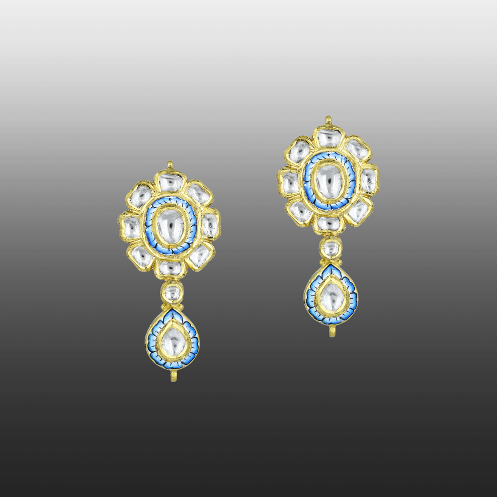 Turquoise Enamel Polki Floral Earrings